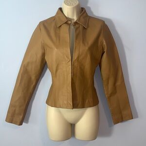 Rampage tan ocher Leather shirt Jacket 3 hook and eye closure fitted size small